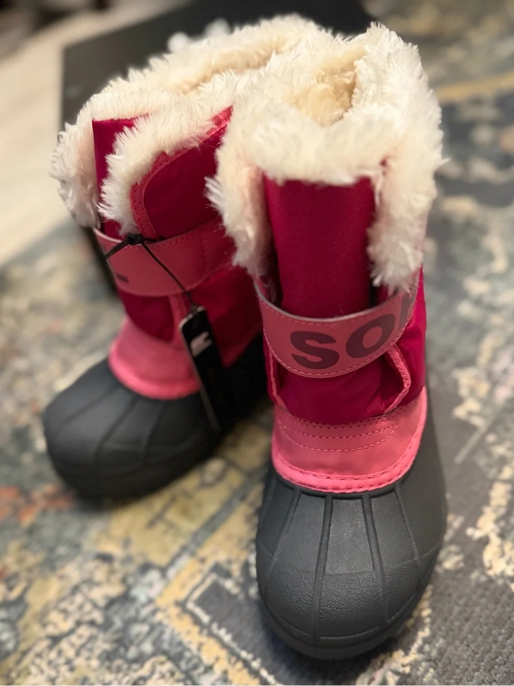 Sorel Kids Pink and Black Waterproof Snow Boots with Faux Fur Trim